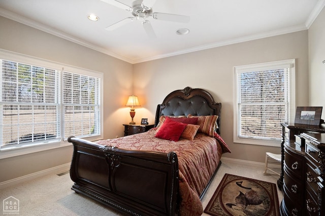 bedroom featuring visible vents, baseboards, ornamental molding, and carpet