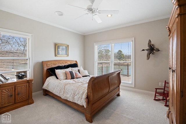 bedroom with light carpet, baseboards, ornamental molding, and ceiling fan