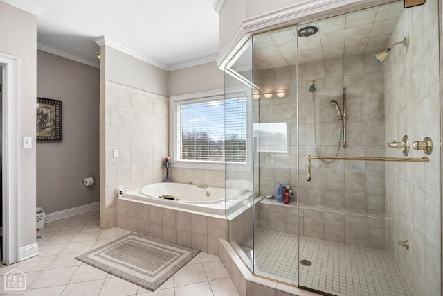 full bathroom featuring baseboards, a bath, crown molding, a shower stall, and tile patterned floors