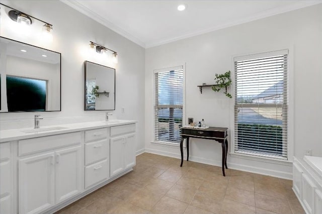 4024 Chapel Hill Dr, Jonesboro, AR 72404 - full bathroom with crown molding, double vanity, tile patterned flooring, and baseboards