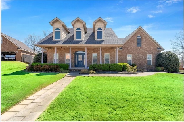 4024 Chapel Hill Dr, Jonesboro, AR 72404 - cape cod house with brick siding, a front yard, a porch, and roof with shingles