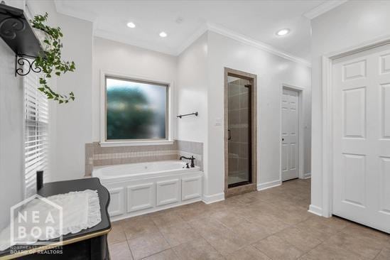 4024 Chapel Hill Dr, Jonesboro, AR 72404 - full bathroom with crown molding, a bath, a shower stall, tile patterned floors, and baseboards