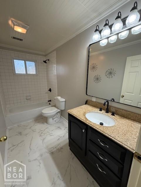 2187 Seagraves Rd, Pocahontas, AR 72455 - bathroom featuring crown molding, vanity, shower / tub combination, and marble look tiles