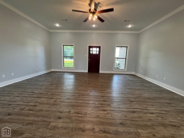 210 E College St, Bono, AR 72416 - unfurnished living room featuring ornamental molding, ceiling fan, dark wood-style floors, baseboards, and recessed lighting