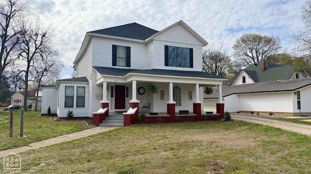 traditional-style home featuring a porch, a front lawn, and roof with shingles