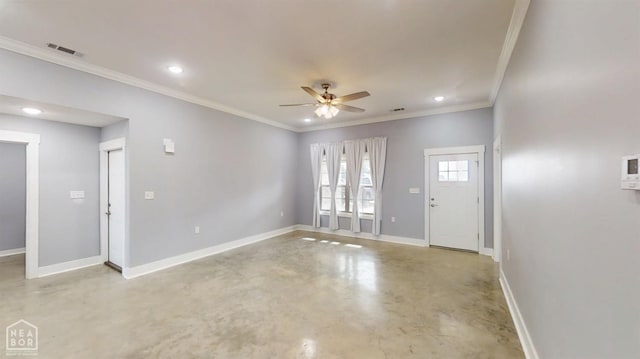 527 Annsley Ln, Manila, AR 72442 - empty room featuring concrete flooring, a ceiling fan, recessed lighting, baseboards, and ornamental molding