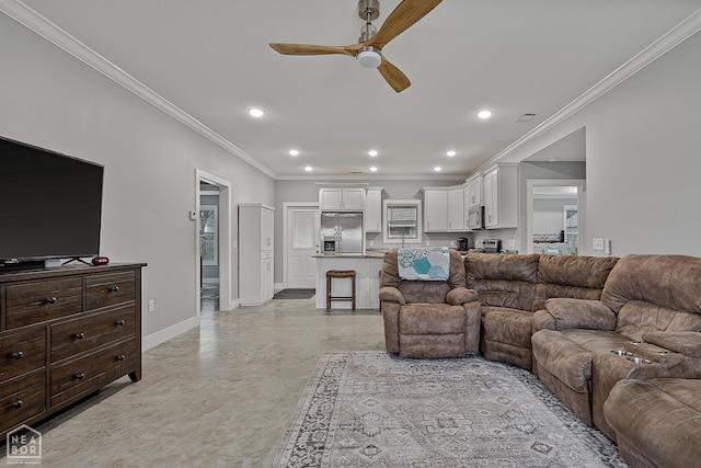716 Gabe Ln, Manila, AR 72442 - living room with a ceiling fan, ornamental molding, baseboards, and recessed lighting