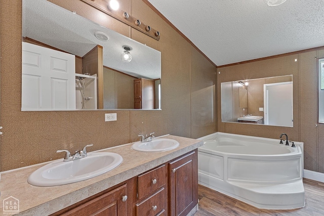 338 Buttercup Ln, Manila, AR 72442 - full bathroom featuring a textured ceiling, wood finished floors, a bath, double vanity, and lofted ceiling