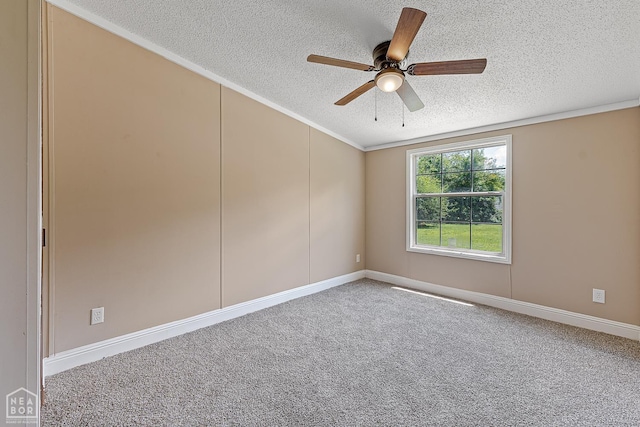 338 Buttercup Ln, Manila, AR 72442 - empty room with a textured ceiling, a ceiling fan, carpet flooring, and crown molding