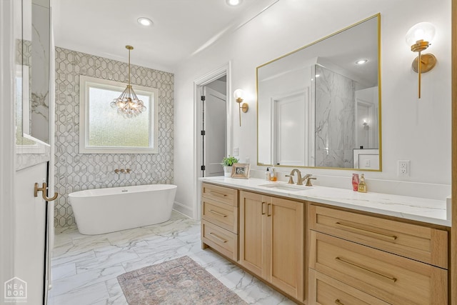 126 County Road 7459, Jonesboro, AR 72401 - full bathroom with vanity, a soaking tub, recessed lighting, a chandelier, and marble finish floors