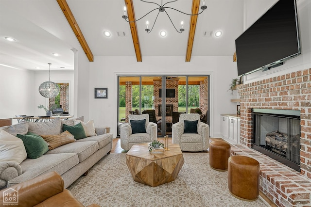 126 County Road 7459, Jonesboro, AR 72401 - living room featuring a brick fireplace, beamed ceiling, recessed lighting, and a chandelier