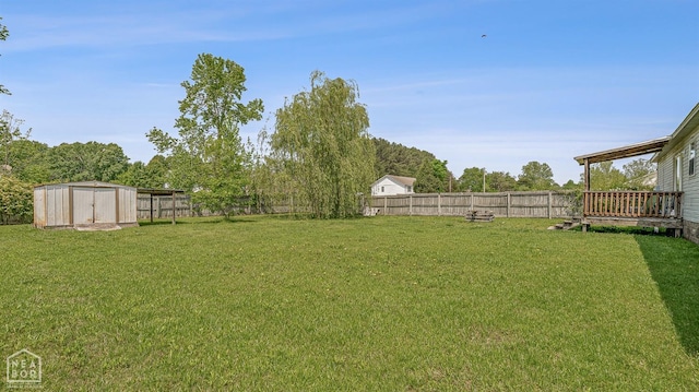 view of yard with a fenced backyard, an outdoor structure, and a shed