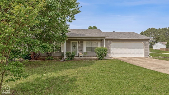 ranch-style home featuring covered porch, an attached garage, driveway, and a front lawn