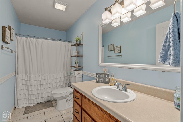 full bath with tile patterned flooring, visible vents, vanity, toilet, and a shower with shower curtain