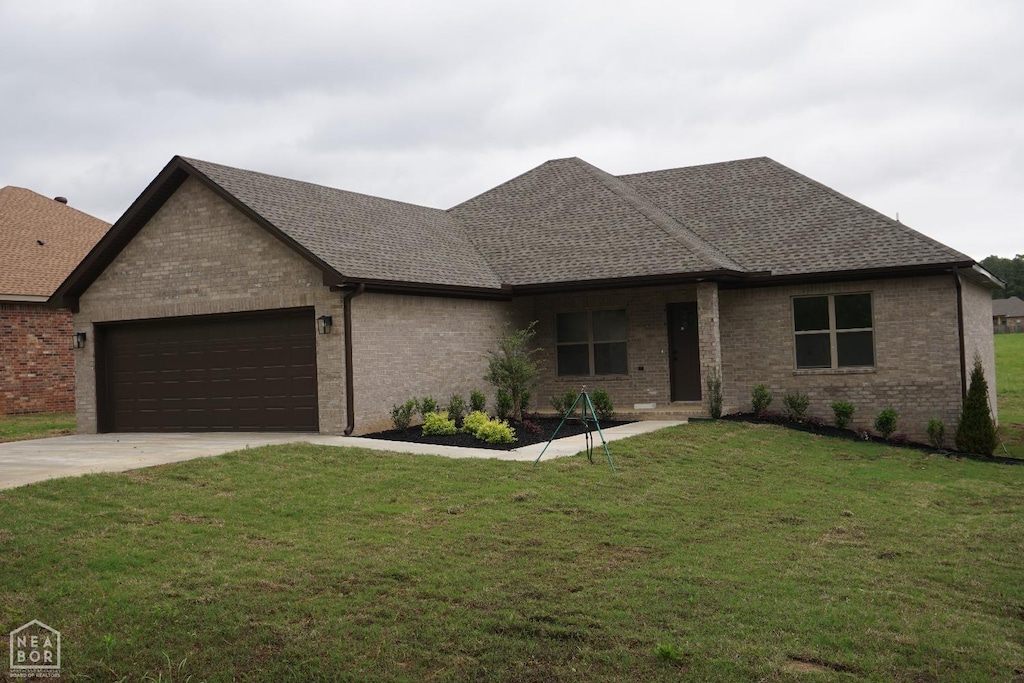 ranch-style house featuring concrete driveway, brick siding, a shingled roof, and a garage