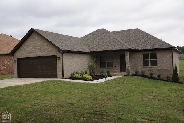 ranch-style house featuring concrete driveway, brick siding, a shingled roof, and a garage