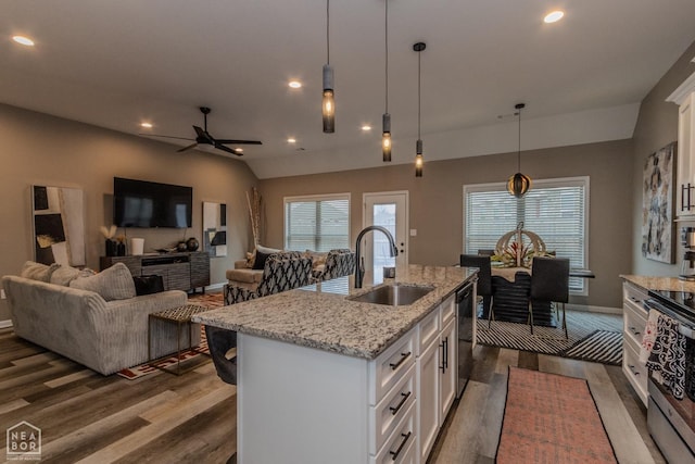 1011 S 59th St S, Paragould, AR 72450 - kitchen featuring dark wood-style floors, stainless steel appliances, ceiling fan, white cabinetry, and recessed lighting