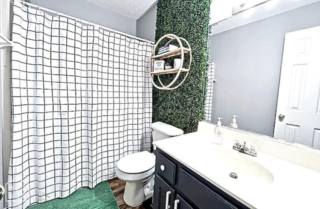 199 County Road 305, Jonesboro, AR 72401 - full bathroom featuring wood finished floors, toilet, vanity, curtained shower, and a textured ceiling