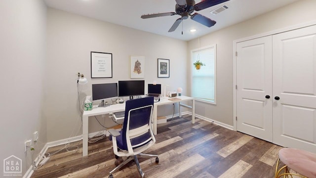 5632 Brookshire Dr, Jonesboro, AR 72405 - office space featuring wood finished floors, ceiling fan, baseboards, visible vents, and recessed lighting