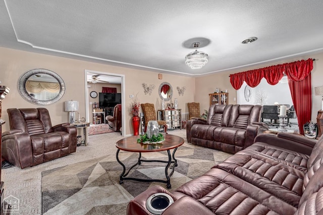 2300 Mount Carmel Rd, Paragould, AR 72450 - living room with carpet flooring, a ceiling fan, and a textured ceiling