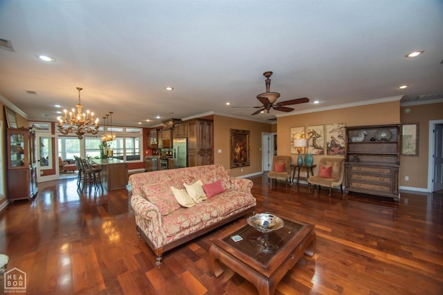 living room featuring recessed lighting, crown molding, baseboards, dark wood-style flooring, and ceiling fan with notable chandelier