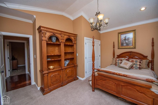 bedroom featuring baseboards, a notable chandelier, light colored carpet, lofted ceiling, and ornamental molding