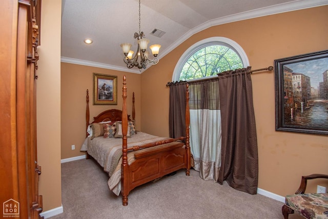 bedroom with lofted ceiling, visible vents, light carpet, and an inviting chandelier
