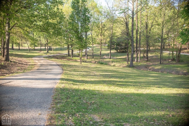 view of home's community with a yard and aphalt driveway