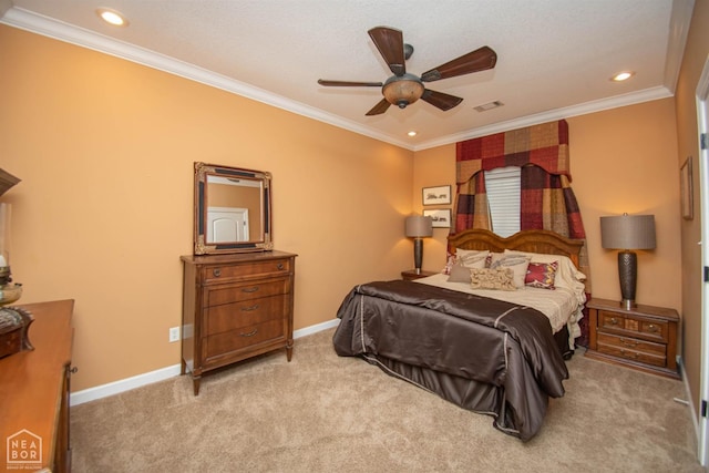 bedroom with recessed lighting, visible vents, carpet flooring, and ornamental molding