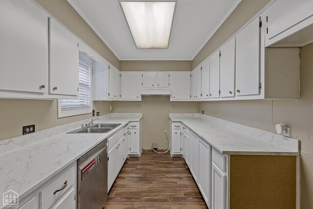 34 Adams St, Wilson, AR 72395 - kitchen featuring dishwasher, a sink, dark wood-type flooring, and white cabinets
