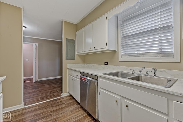 34 Adams St, Wilson, AR 72395 - kitchen with stainless steel dishwasher, electric panel, wood finished floors, white cabinets, and crown molding