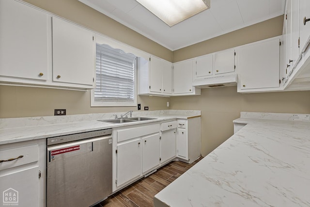 34 Adams St, Wilson, AR 72395 - kitchen featuring dishwasher, a sink, under cabinet range hood, white cabinets, and dark wood-type flooring