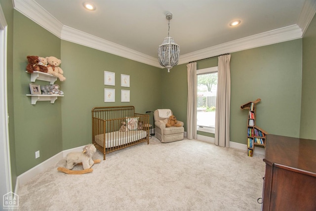 1203 Dove Rd, Jonesboro, AR 72401 - carpeted bedroom featuring baseboards, a crib, crown molding, and recessed lighting
