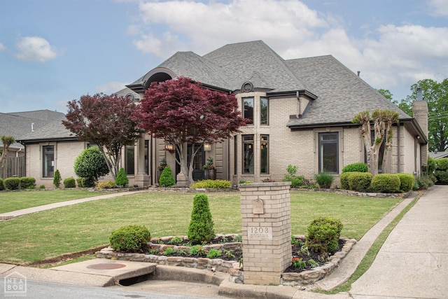 1203 Dove Rd, Jonesboro, AR 72401 - french provincial home with a chimney, brick siding, a front lawn, and roof with shingles