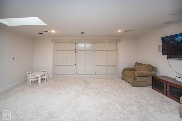 1203 Dove Rd, Jonesboro, AR 72401 - interior space with crown molding, visible vents, recessed lighting, carpet, and a skylight