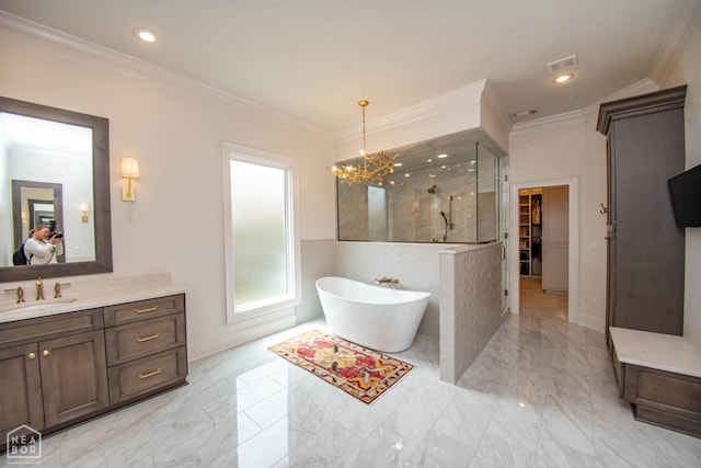 1203 Dove Rd, Jonesboro, AR 72401 - bathroom with ornamental molding, a walk in shower, vanity, a freestanding bath, and marble finish floor
