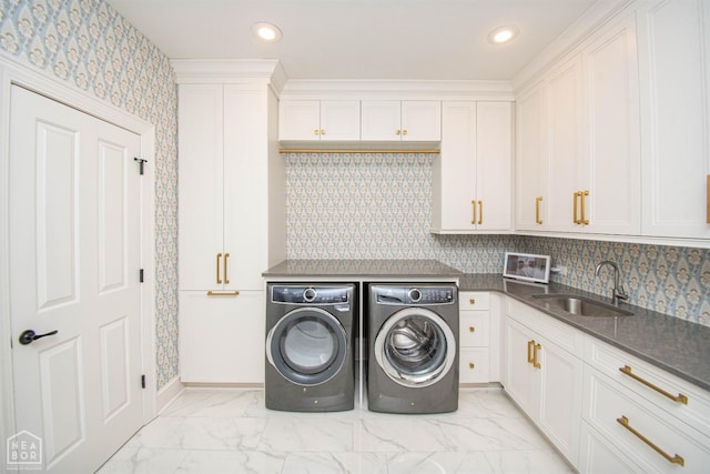 1203 Dove Rd, Jonesboro, AR 72401 - laundry room with washer and dryer, recessed lighting, marble finish floor, and a sink