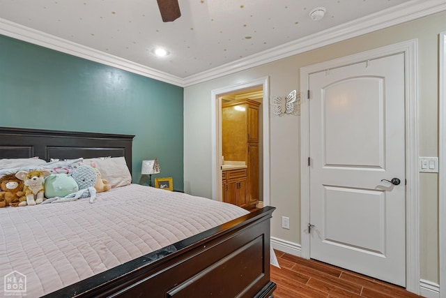 1616 Neely Rd, Jonesboro, AR 72404 - bedroom with ornamental molding, ensuite bath, dark wood-style flooring, baseboards, and ceiling fan