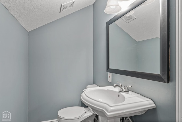 1616 Neely Rd, Jonesboro, AR 72404 - bathroom with toilet, a textured ceiling, a sink, lofted ceiling, and visible vents