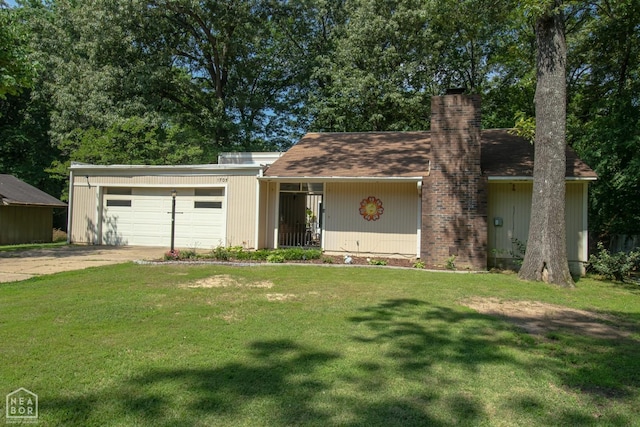 1705 Loberg Ln, Jonesboro, AR 72401 - mid-century modern home featuring driveway, a garage, a front lawn, and a chimney