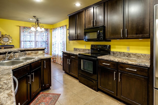 103 Hollis Cv, Bono, AR 72416 - kitchen with black appliances, a sink, light tile patterned flooring, a chandelier, and hanging light fixtures