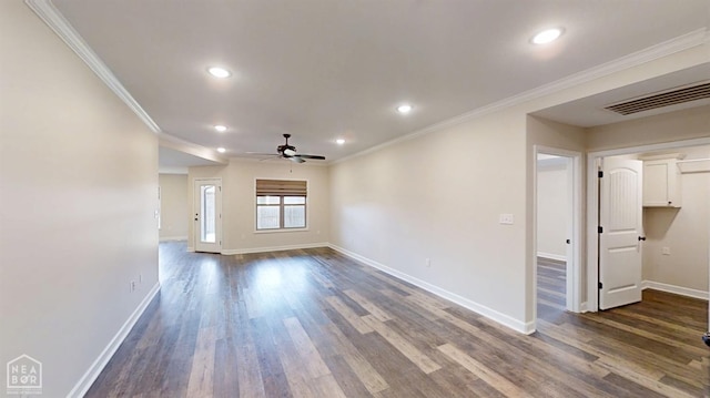 unfurnished living room featuring ceiling fan, dark wood-type flooring, ornamental molding, visible vents, and baseboards
