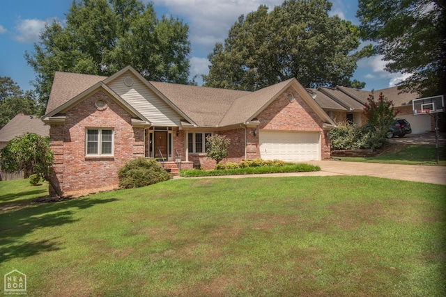 2205 Oak Hollow Ln, Jonesboro, AR 72401 - ranch-style house featuring brick siding, a front lawn, a garage, driveway, and a shingled roof