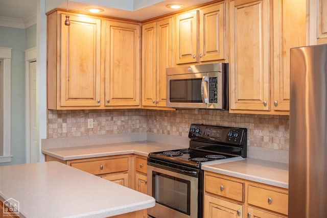2205 Oak Hollow Ln, Jonesboro, AR 72401 - kitchen with stainless steel appliances, ornamental molding, backsplash, light countertops, and light brown cabinets