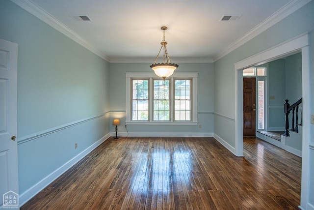 2205 Oak Hollow Ln, Jonesboro, AR 72401 - empty room featuring dark wood-style floors, stairway, and ornamental molding