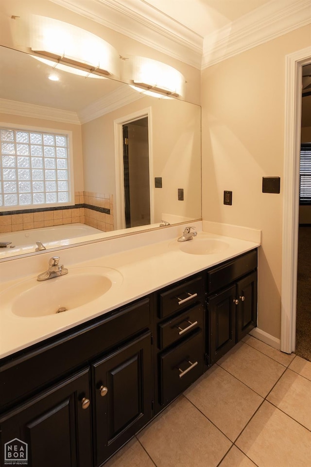 bathroom featuring double vanity, a sink, and ornamental molding