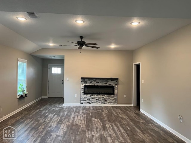 5743 Brookshire Dr, Jonesboro, AR 72401 - unfurnished living room featuring a ceiling fan, wood finished floors, a fireplace, lofted ceiling, and recessed lighting