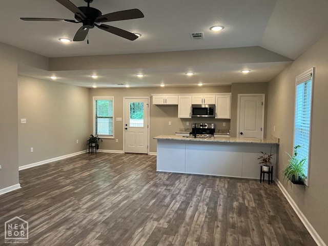 5743 Brookshire Dr, Jonesboro, AR 72401 - kitchen with stainless steel appliances, dark wood-type flooring, white cabinets, light stone counters, and a ceiling fan