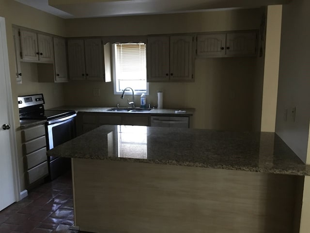 kitchen with electric range, a peninsula, dishwashing machine, a sink, and dark stone countertops