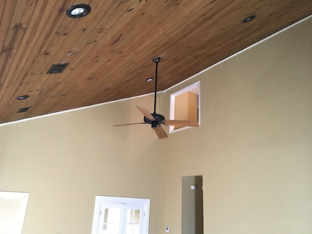 details with ceiling fan and wooden ceiling